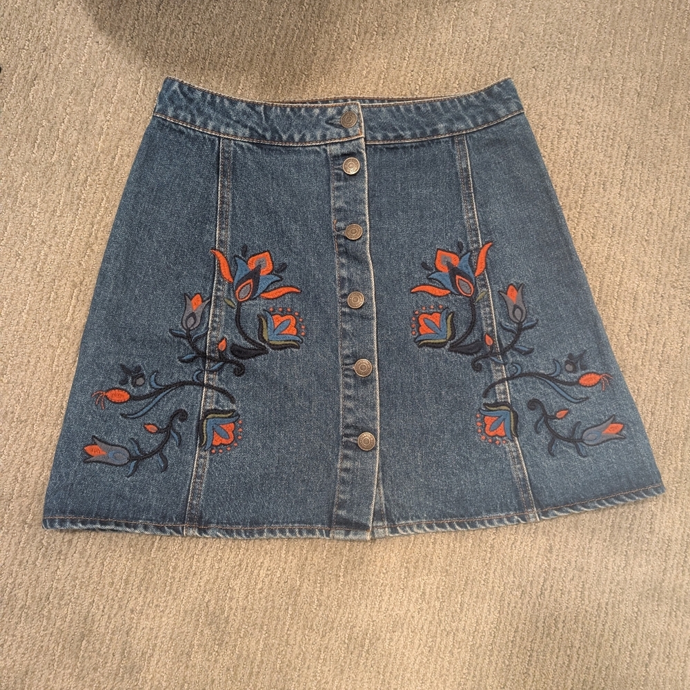 Pull&Bear Blue Denim Skirt with Embroidery